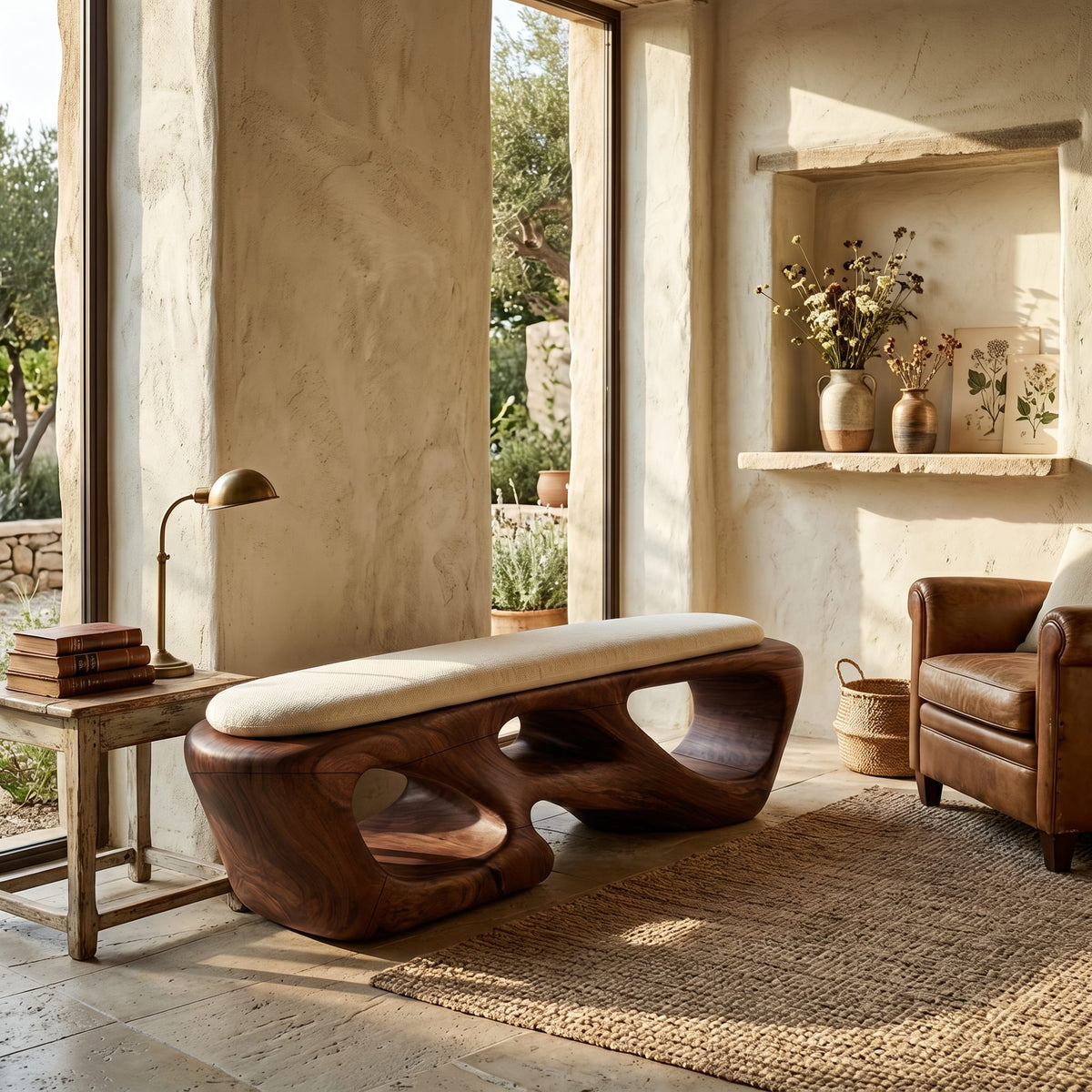 Curved Solid Bench Living Room, solid wood, built to order