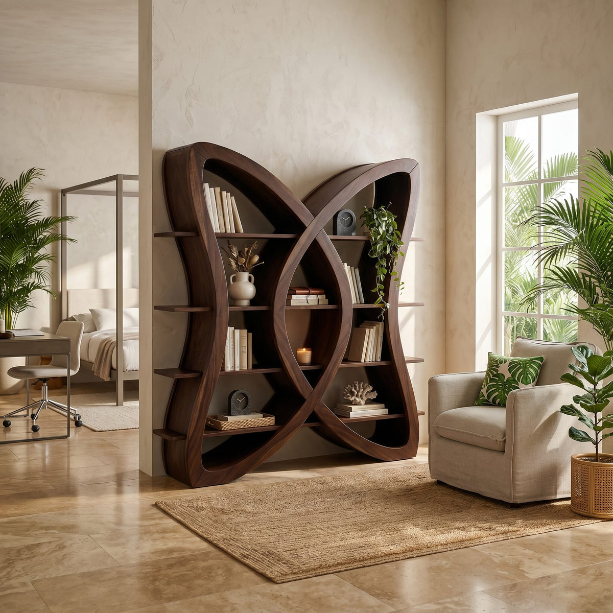 Butterfly Inspired Wooden Bookcase in Organic Style, solid wood, built to order