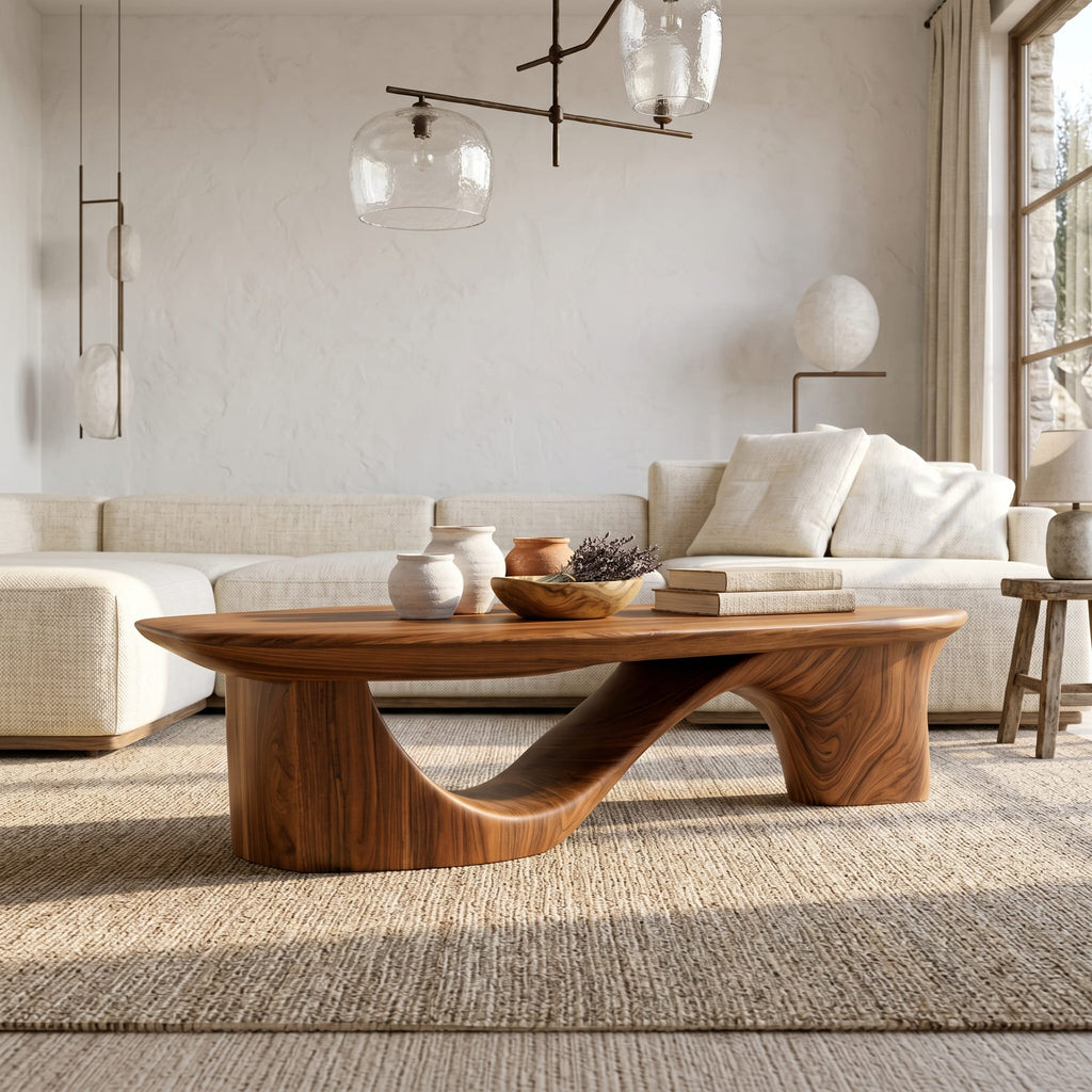 Contemporary Coffee Table with Sculptural Base, solid wood, built to order
