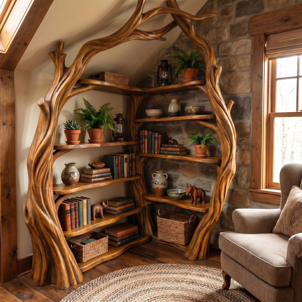 Tree Wall Bookshelf Corner Storage Bookcase Wooden Display Shelf, solid wood, built to order