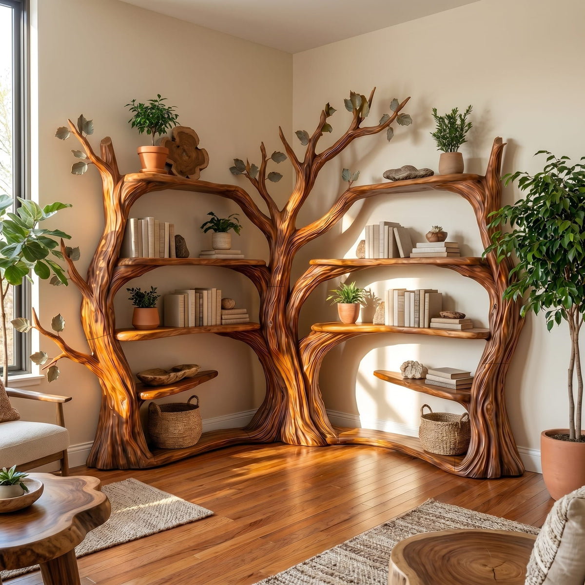 Tree Corner Bookshelf, solid wood, built to order