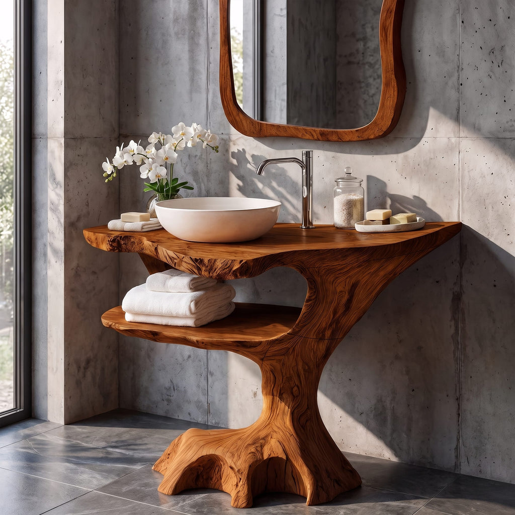 Contemporary Single Bathroom Vanity with Sculptural Branch Support, solid wood, built to order