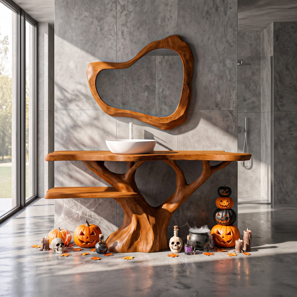 Mid Century Solid Bathroom Vanity with Sculptural Tree Form, solid wood, built to order