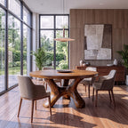 Contemporary Round Dining Table with Flowing Crossed Design, solid wood, built to order