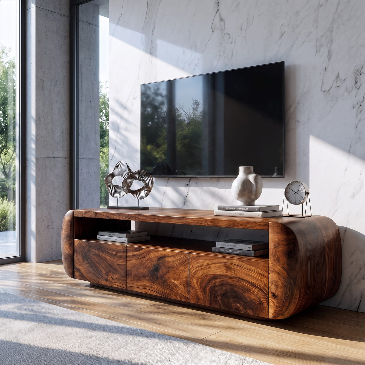 Contemporary TV Cabinet with Sculptural Form, solid wood, built to order