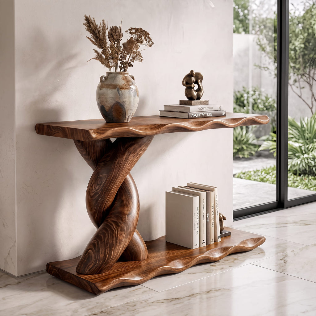 Contemporary Console Table with Spiral Base and Lower Display Shelf, solid wood, built to order
