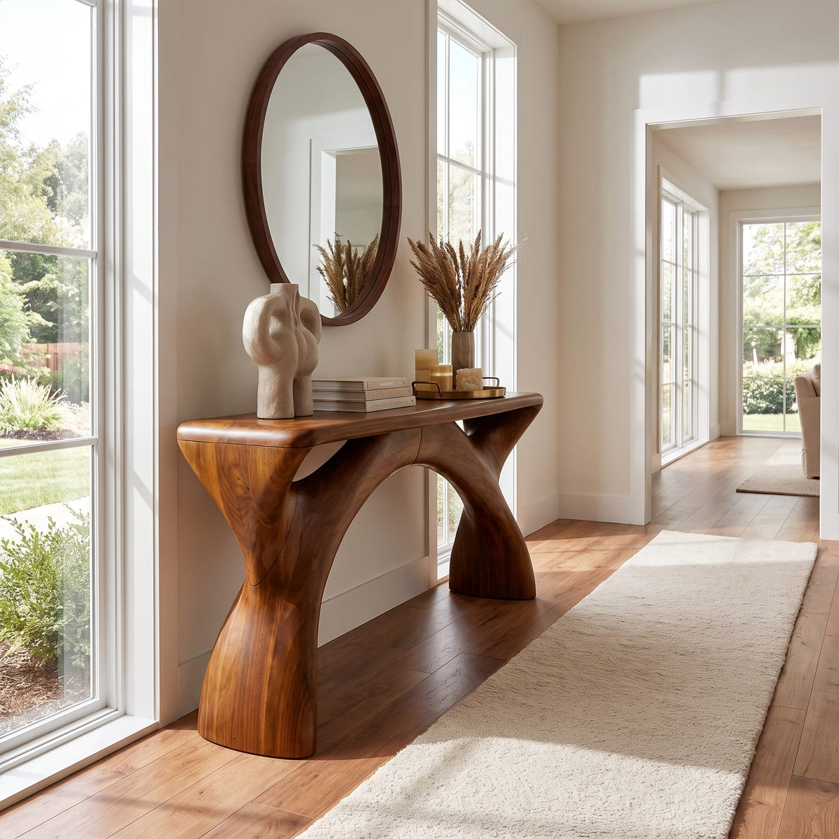 Mid Century Console Table with Flowing Curved Frame, solid wood, built to order