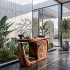 Contemporary Console Table with Sculptural Base and Storage, solid wood, built to order