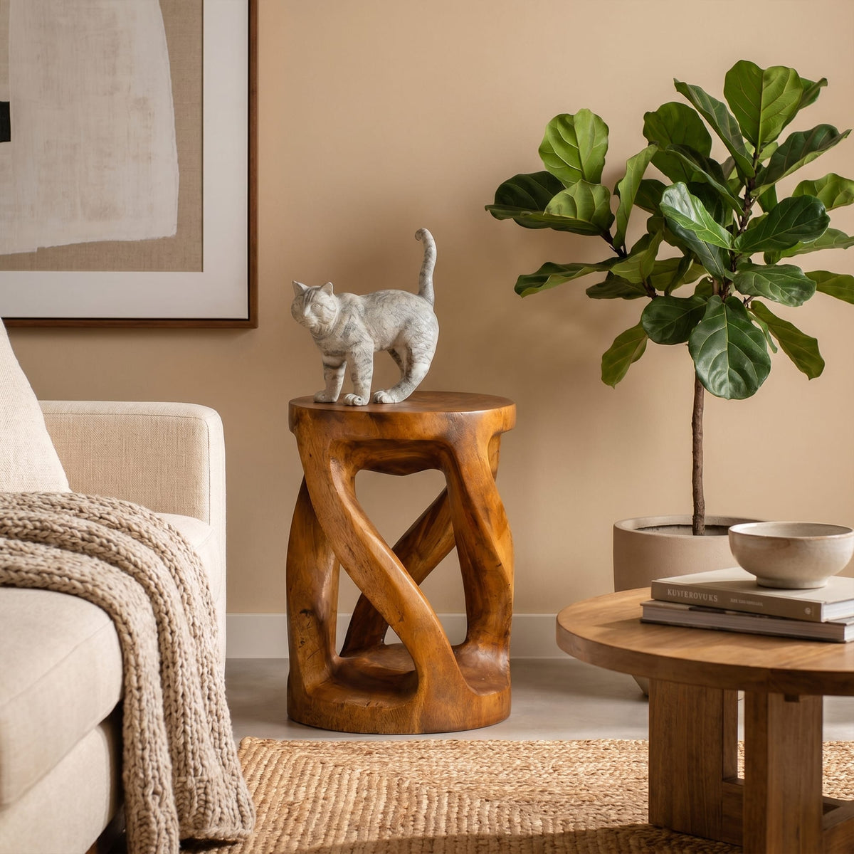 Handcrafted Side Table with Organic Twisted Design, solid wood, built to order
