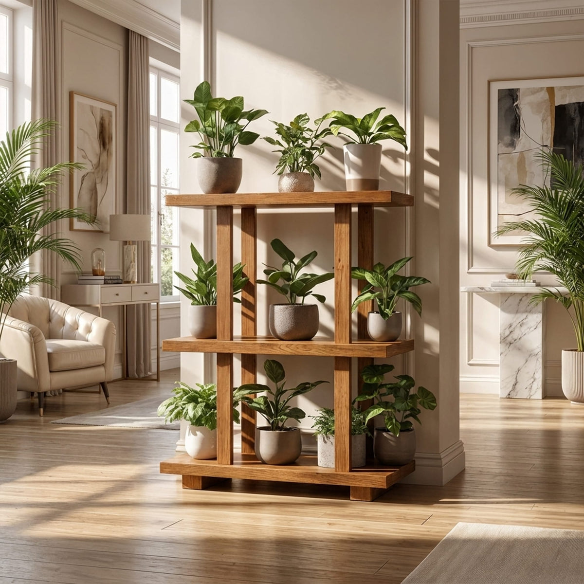 Mid Century Plant Shelf Indoor Garden Decor, solid wood, built to order