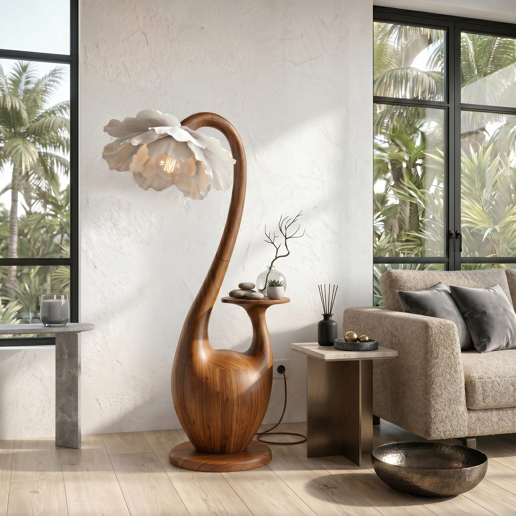 Artistic Floor Lamp with Sculptural Organic Base and Integrated Shelf, solid wood, built to order