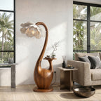 Artistic Floor Lamp with Sculptural Organic Base and Integrated Shelf, solid wood, built to order