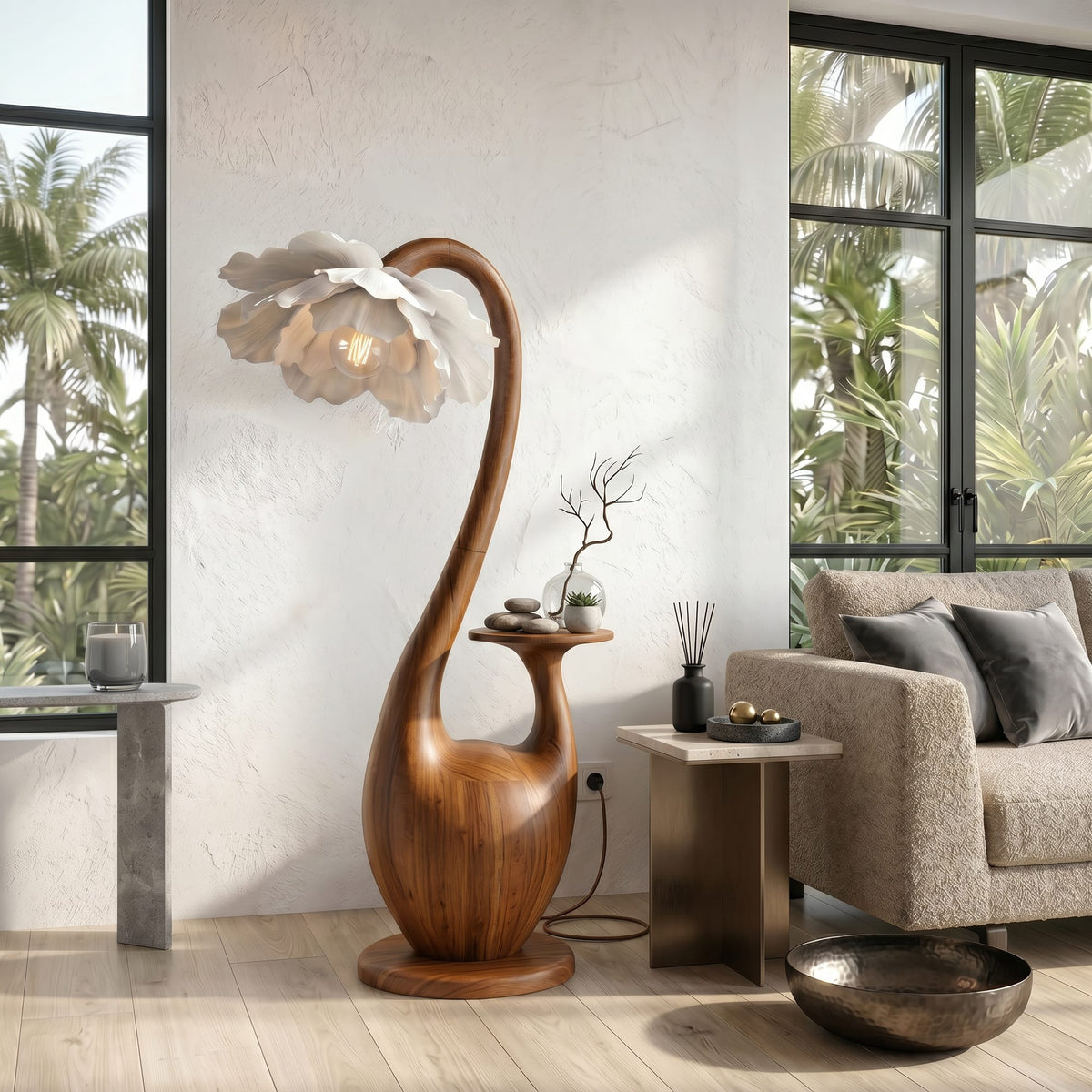 Artistic Floor Lamp with Sculptural Organic Base and Integrated Shelf, solid wood, built to order