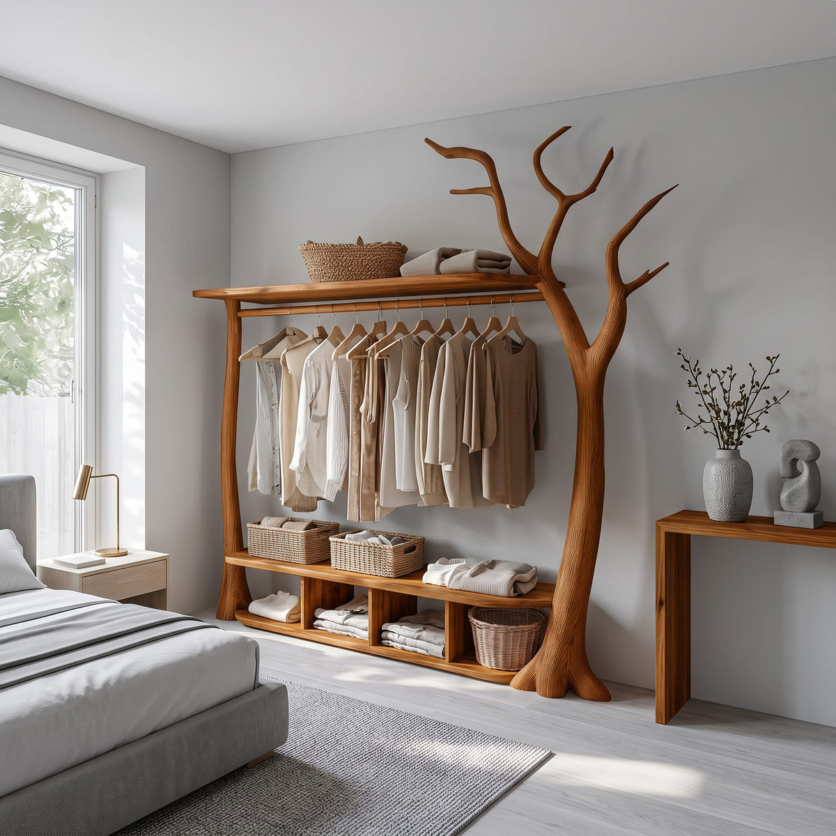 Rustic Tree Clothing Stand Bedroom Mudroom Entryway, solid wood, image 6 of 8