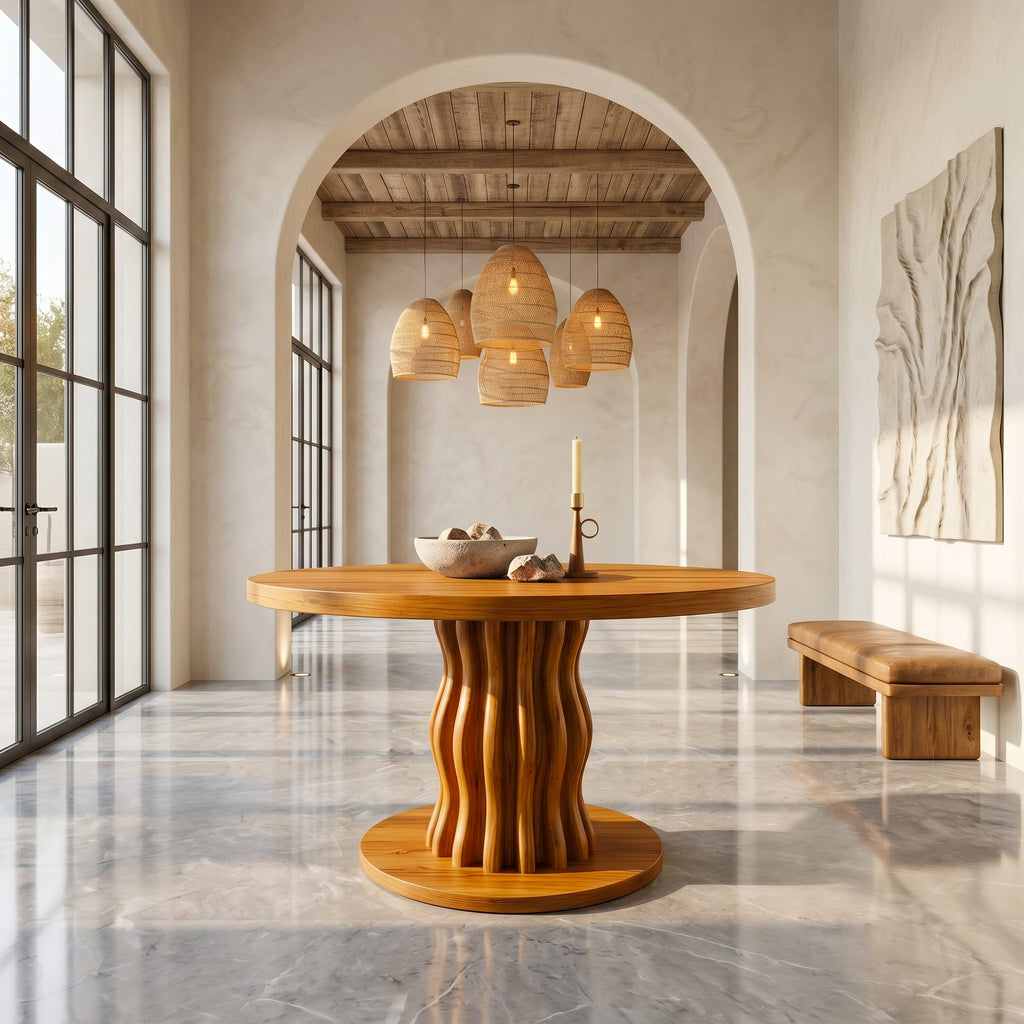 Contemporary Round Entryway Table with Wavy Vertical Form, solid wood, built to order