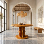 Contemporary Round Entryway Table with Wavy Vertical Form, solid wood, built to order