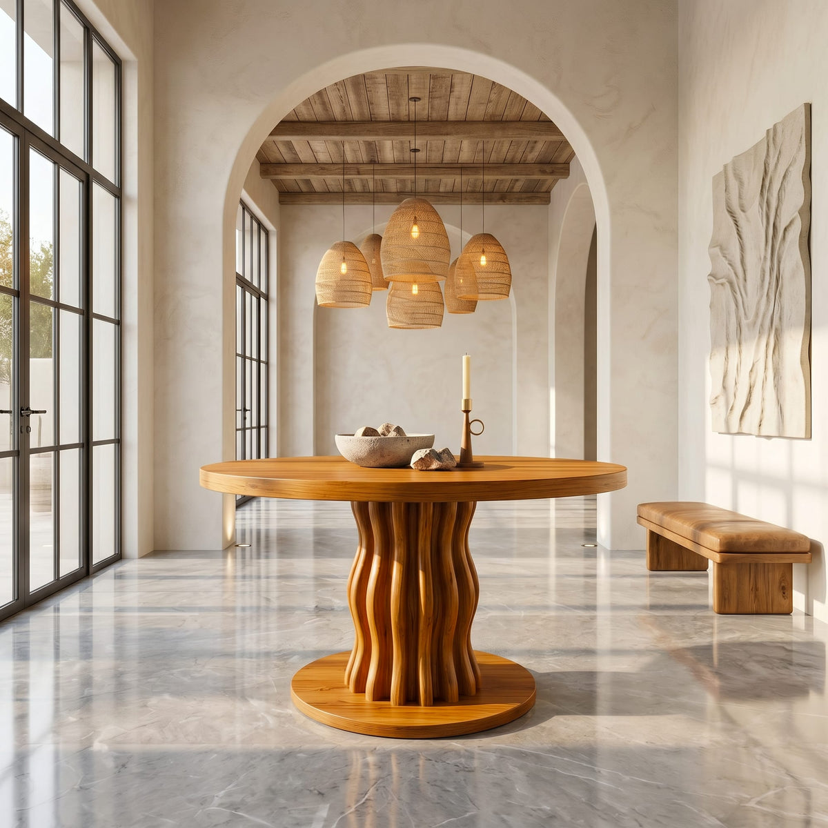 Contemporary Round Entryway Table with Wavy Vertical Form, solid wood, built to order