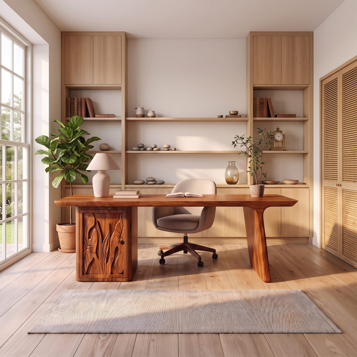 Contemporary Executive Desk with Side Storage Cabinet, solid wood, built to order