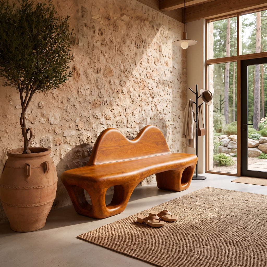 Accent Bench with Dramatic Rounded Silhouette, solid wood, built to order