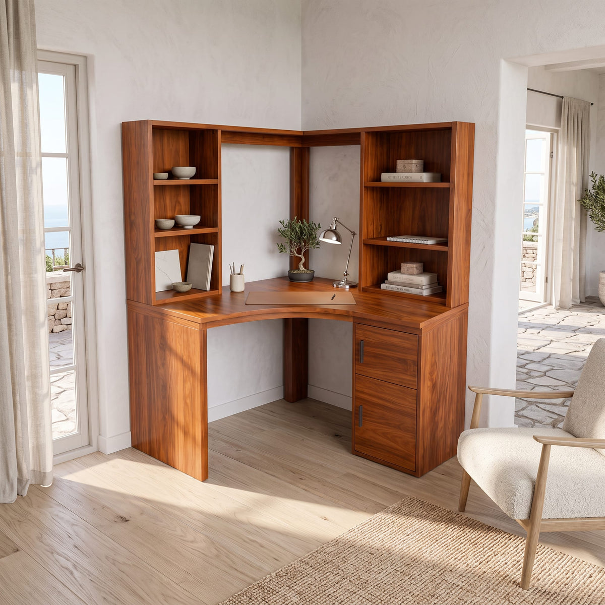 Modern Bookcase Desk with Integrated Upper Shelving, solid wood, built to order
