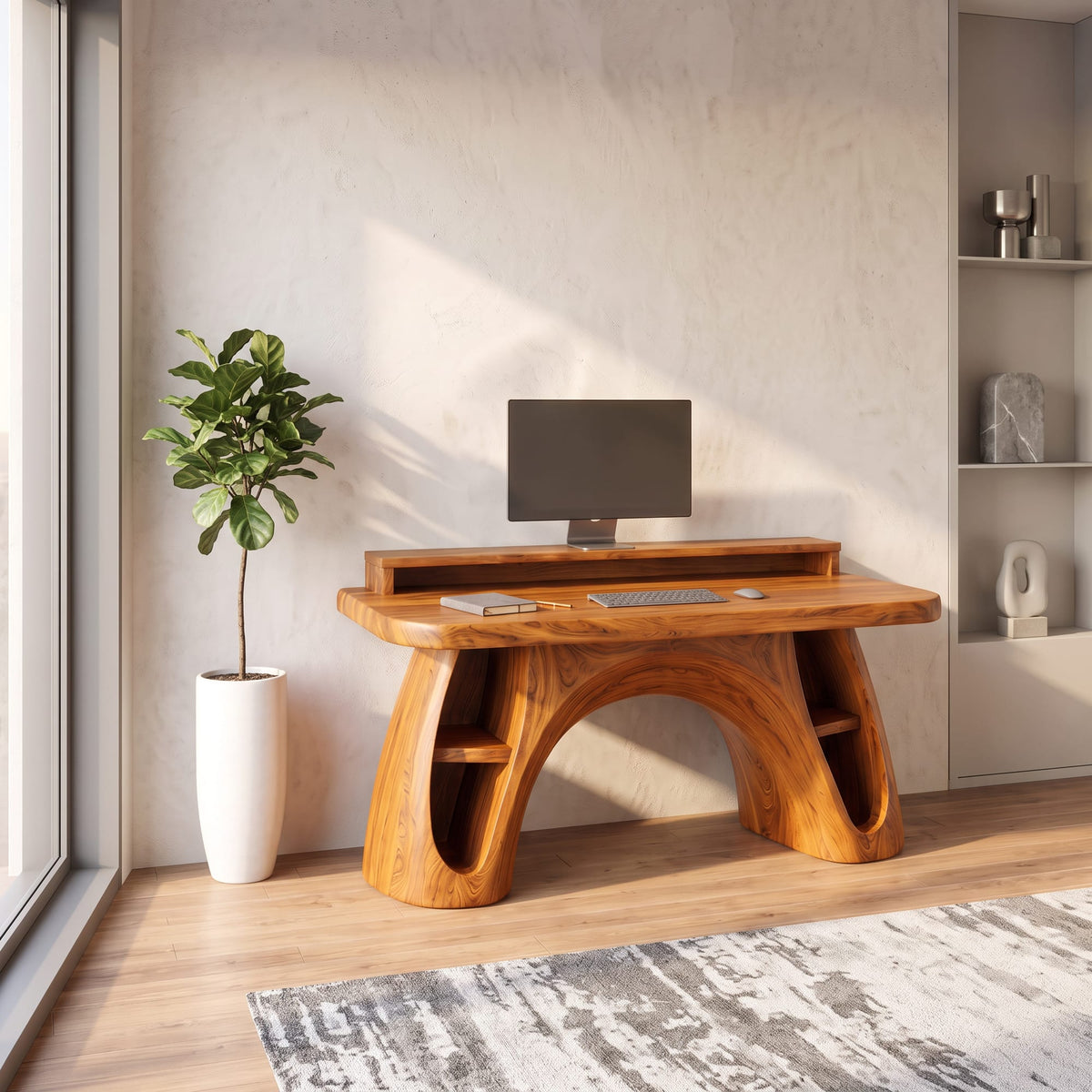 Contemporary Office Desk with Raised Monitor Platform, solid wood, built to order