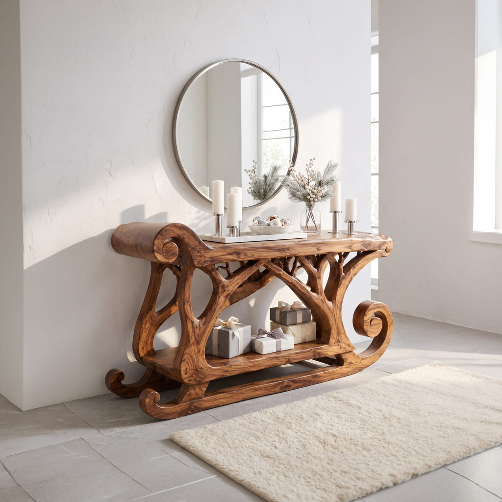 Rustic Console Table with Reindeer Sleigh Design, solid wood, built to order