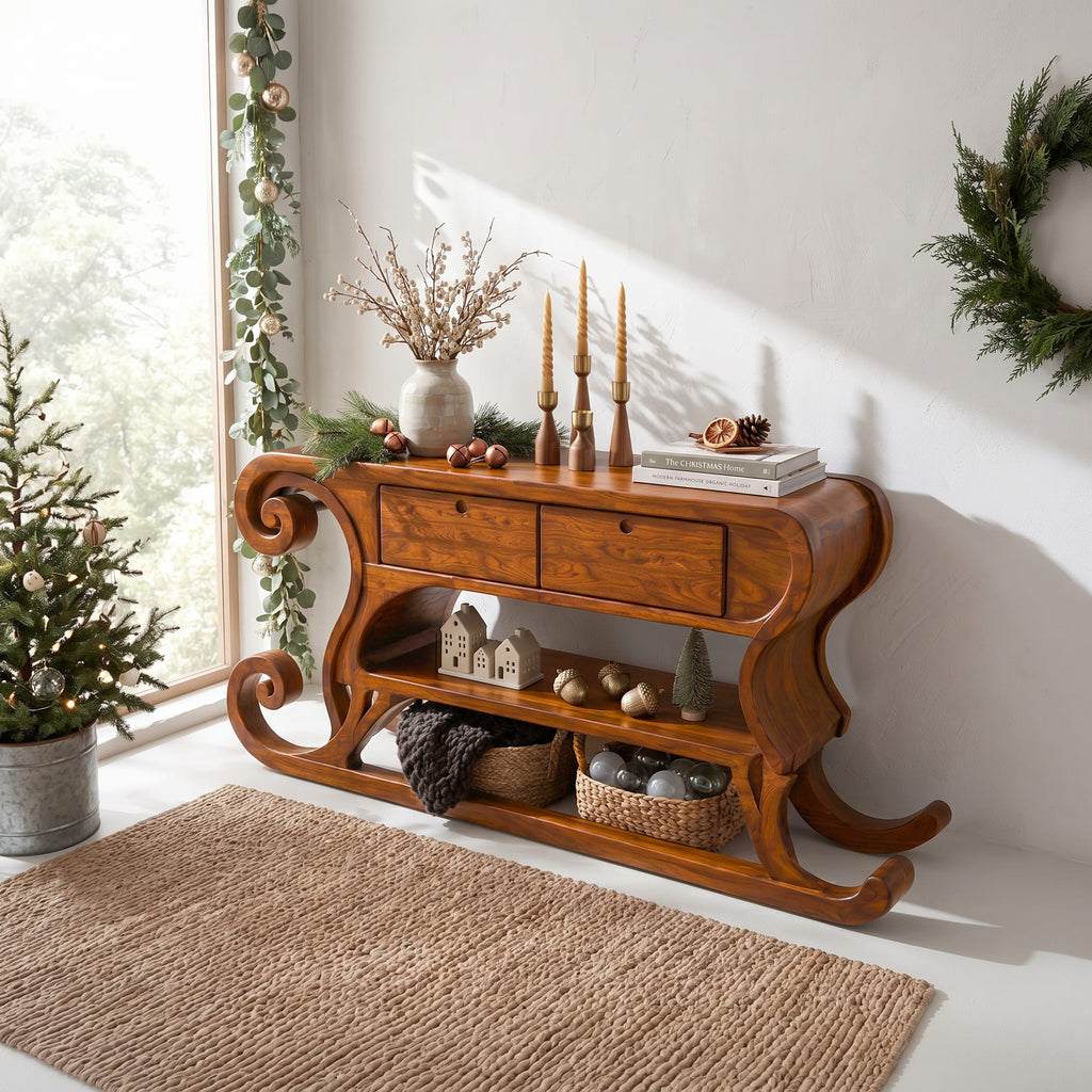 Rustic Console Table with Sleigh Inspired Scroll Design, solid wood, built to order