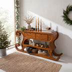 Rustic Console Table with Sleigh Inspired Scroll Design, solid wood, built to order