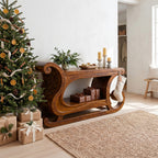 Rustic Console Table with Carved Sleigh Design, solid wood, built to order