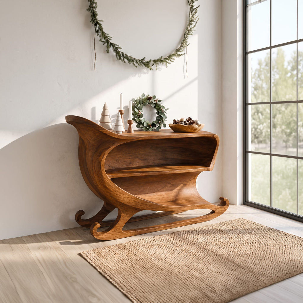 Farmhouse Console Table with Sleigh Inspired Scroll Design, solid wood, built to order
