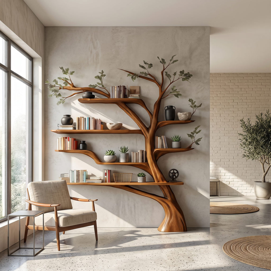 Rustic Book Tree Shelf Home Office, solid wood, built to order