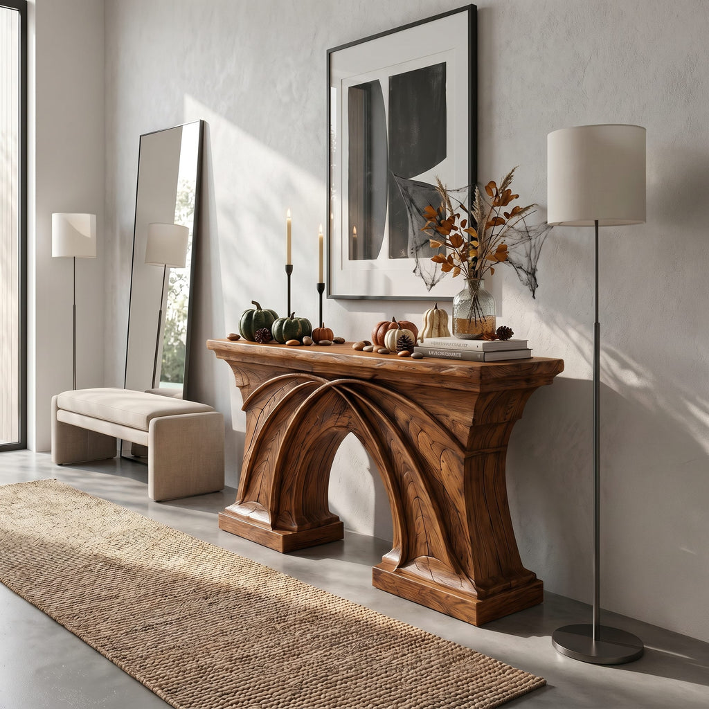Rustic Console Table Flowing Sculptural Design, solid wood, built to order