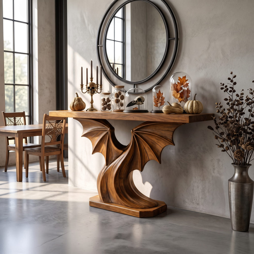 Contemporary Console Table with Sculptural Bat Wing Design, solid wood, built to order