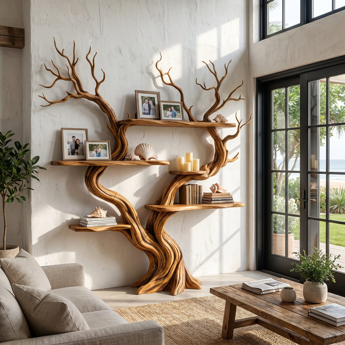 Organic Tree Wall Shelf with Multi Tier Display Shelves, solid wood, built to order