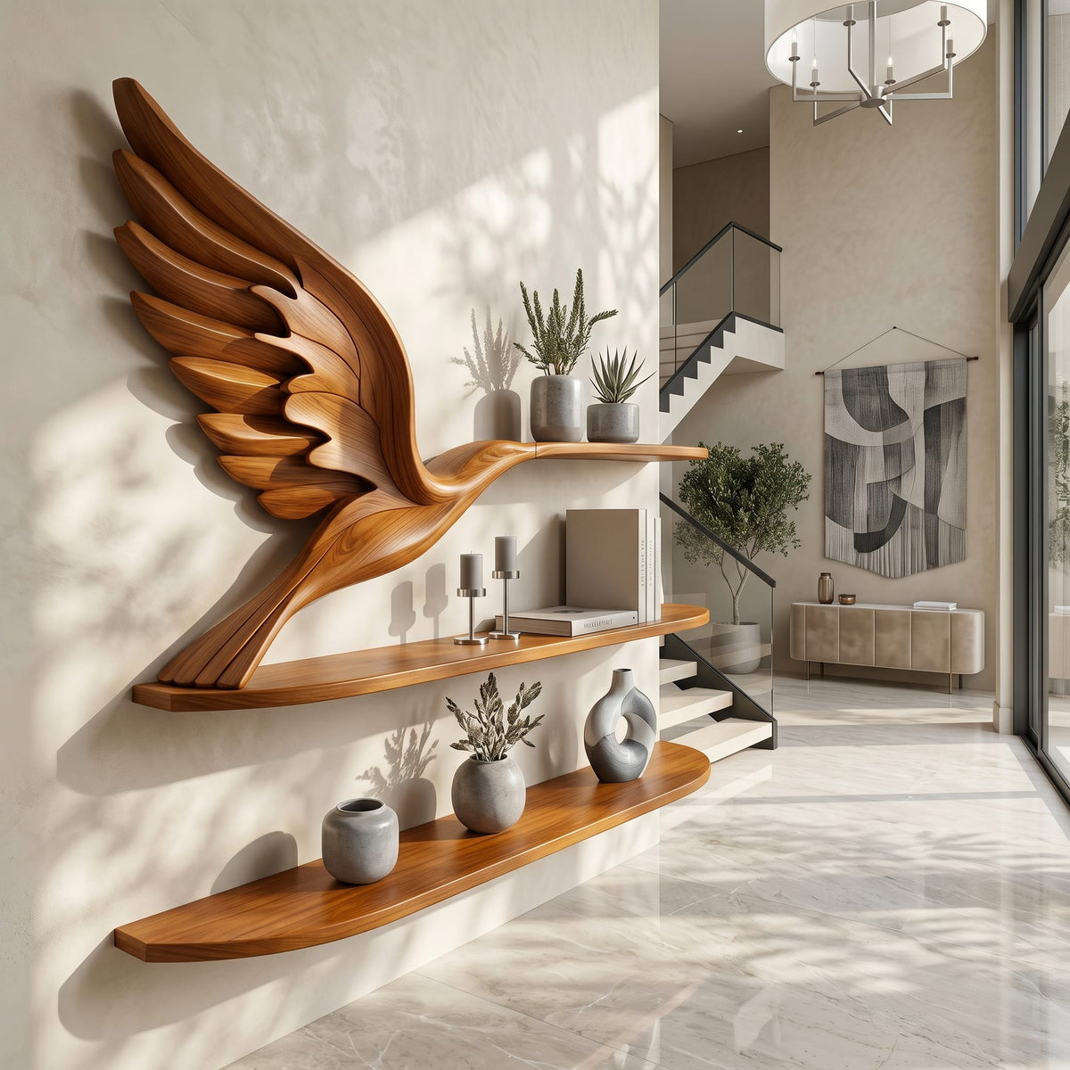 Handcrafted Eagle Wing Floating Shelf with Display Shelves, solid wood, built to order