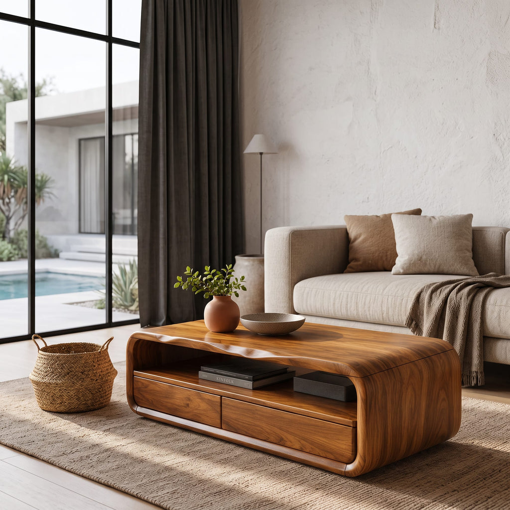 Mid Century Coffee Table with Rounded Frame Storage, solid wood, built to order
