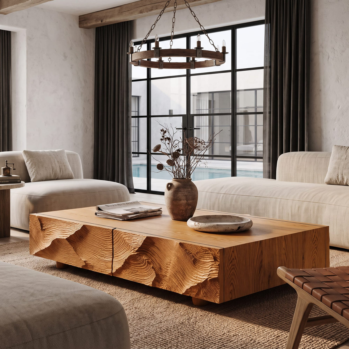 Contemporary Coffee Table with Sculptural Carved Drawer Front, solid wood, built to order