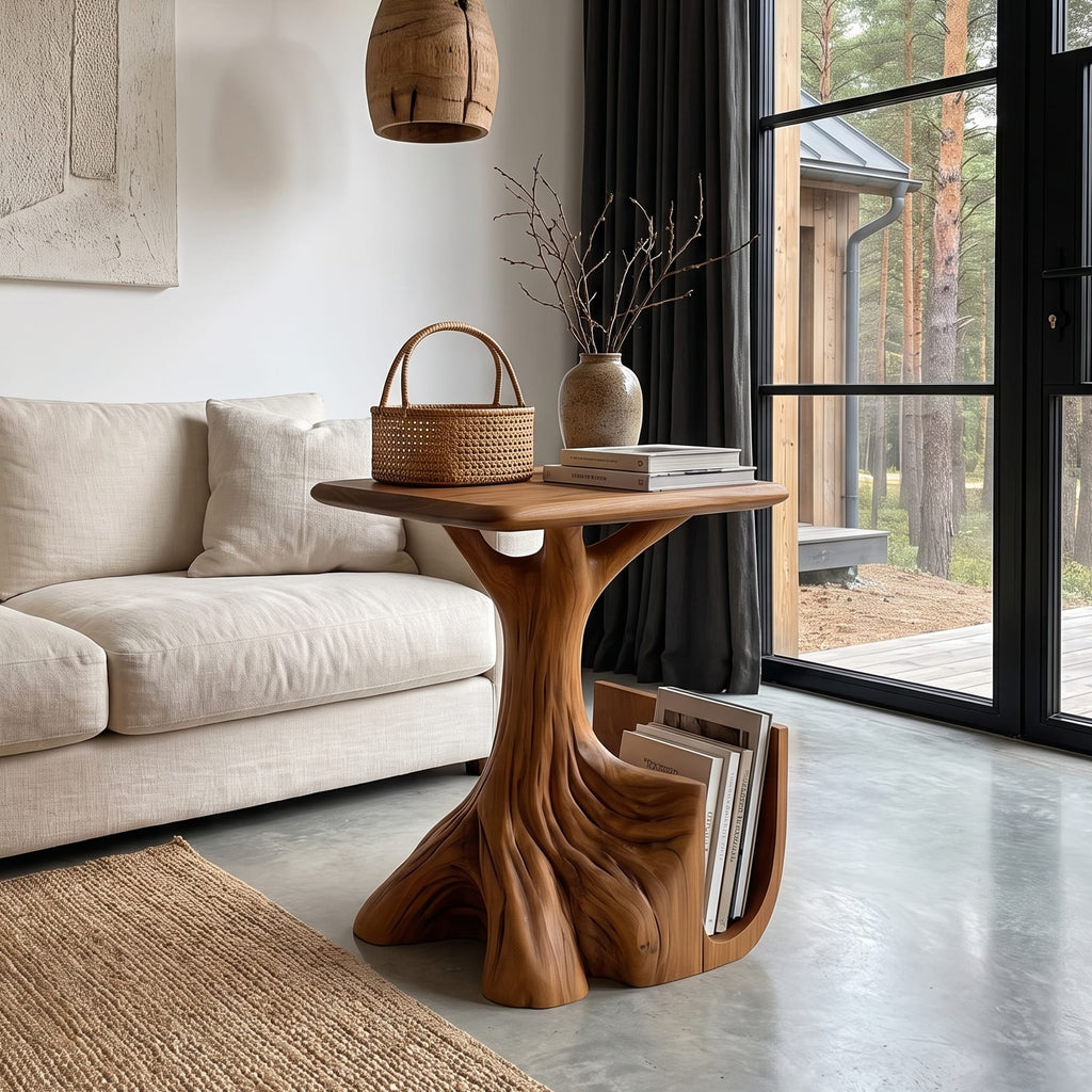 Contemporary Sculptural Side Table with Tree Inspired Base, solid wood, built to order