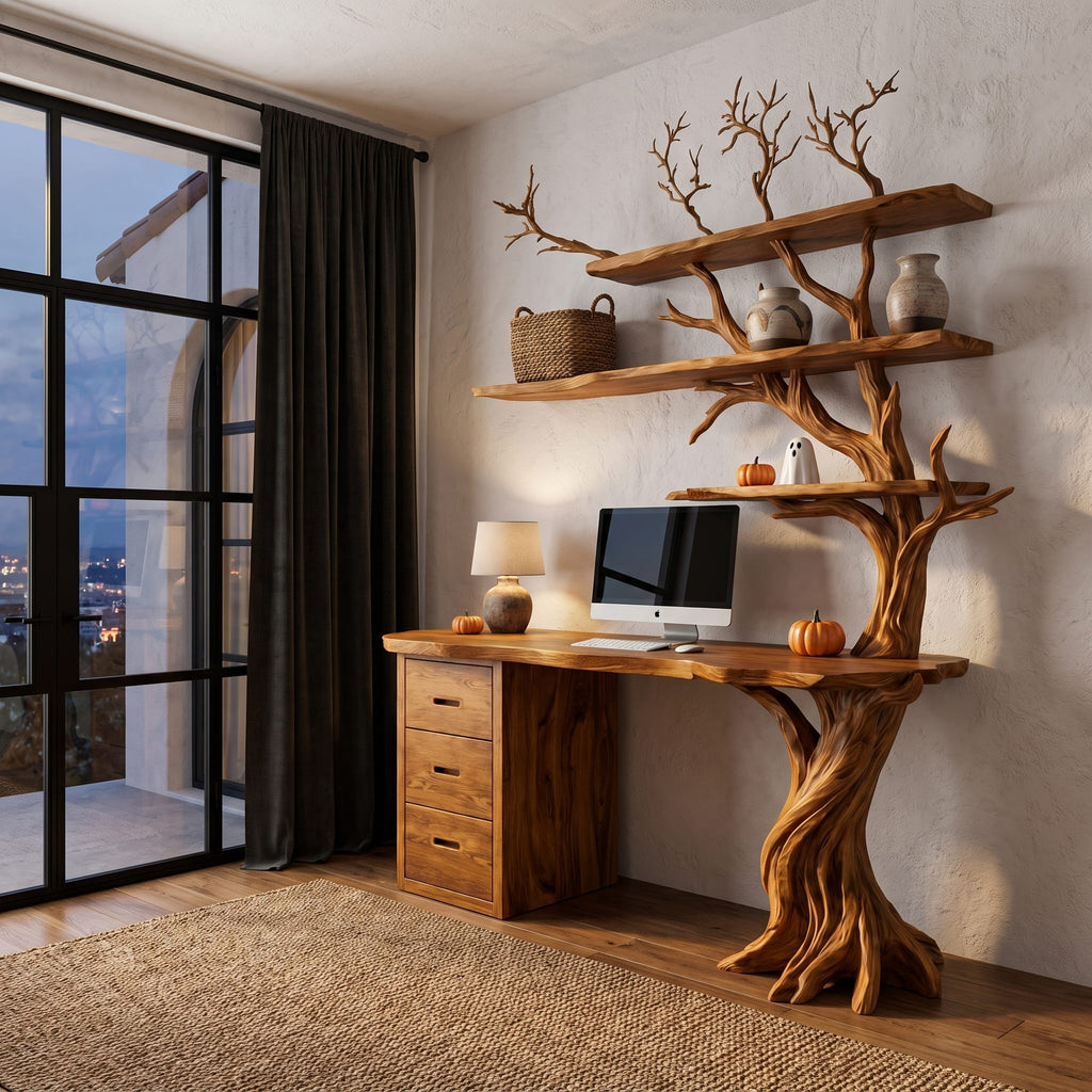 Contemporary Writing Desk with Tree Silhouette, solid wood, built to order