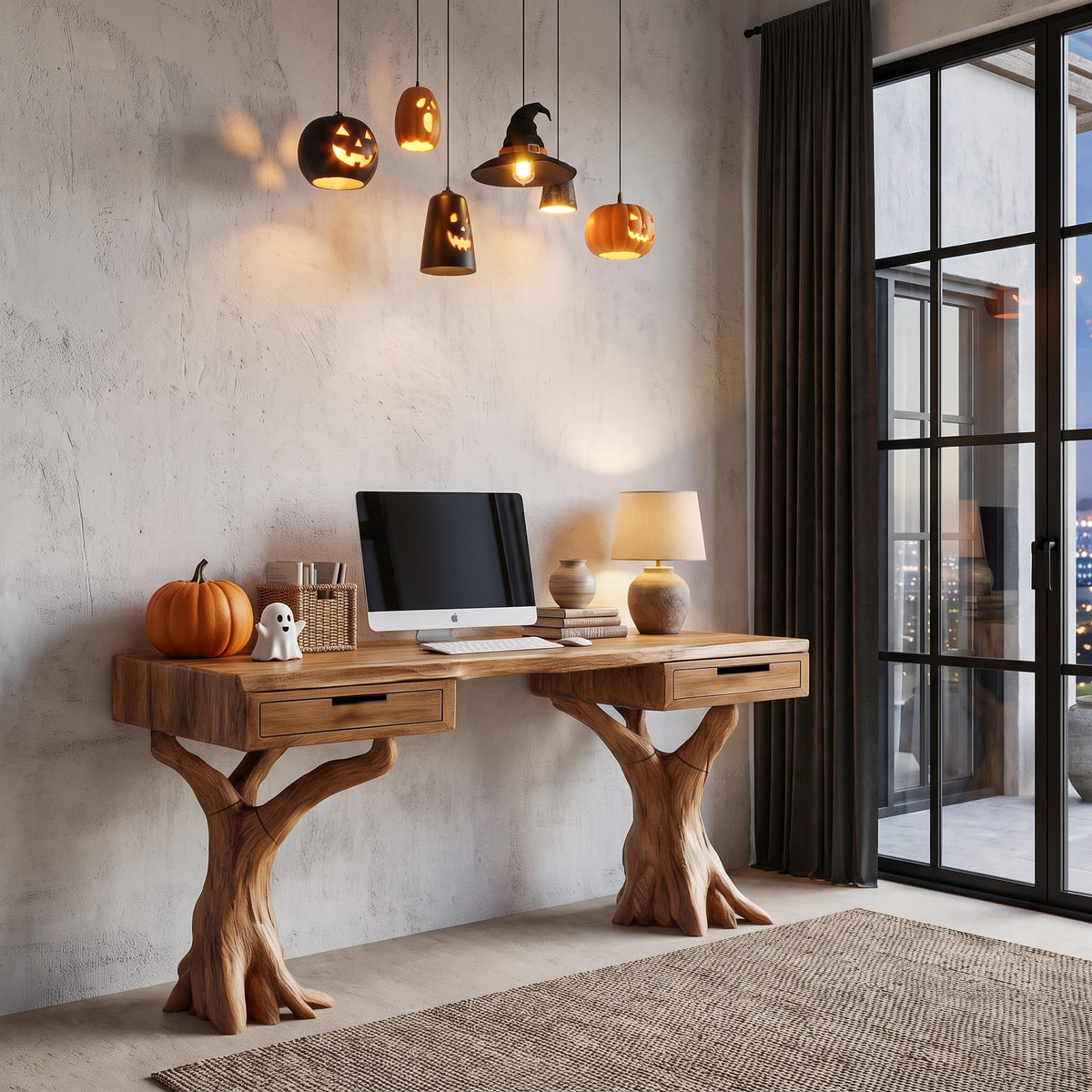 Contemporary Storage Desk with Display Shelves, solid wood, built to order