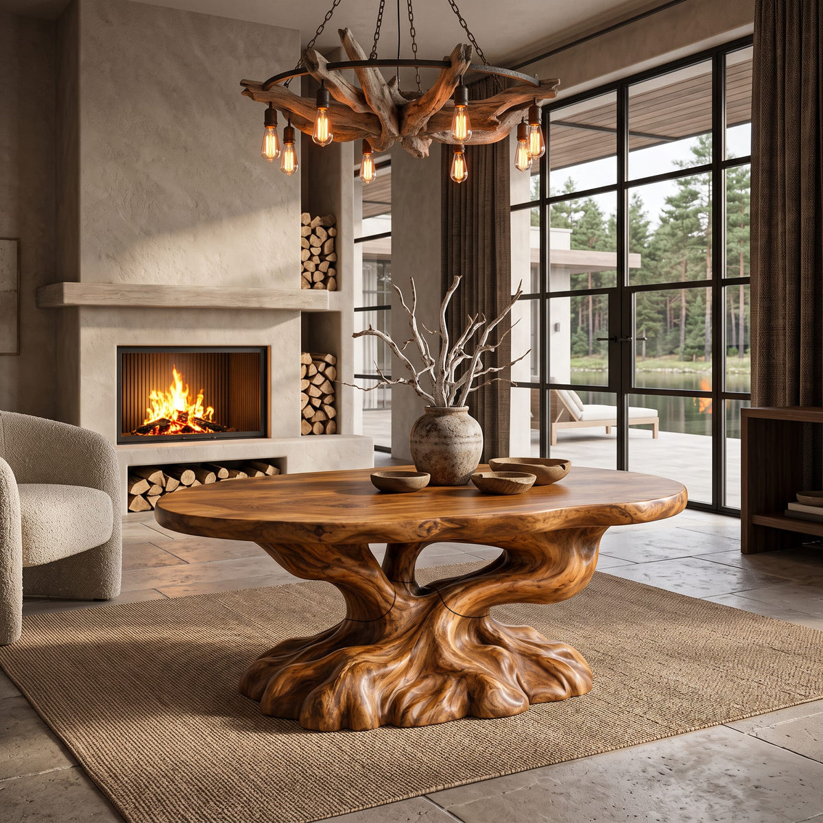 Rustic Coffee Table with Tree Root Inspired Base, solid wood, built to order