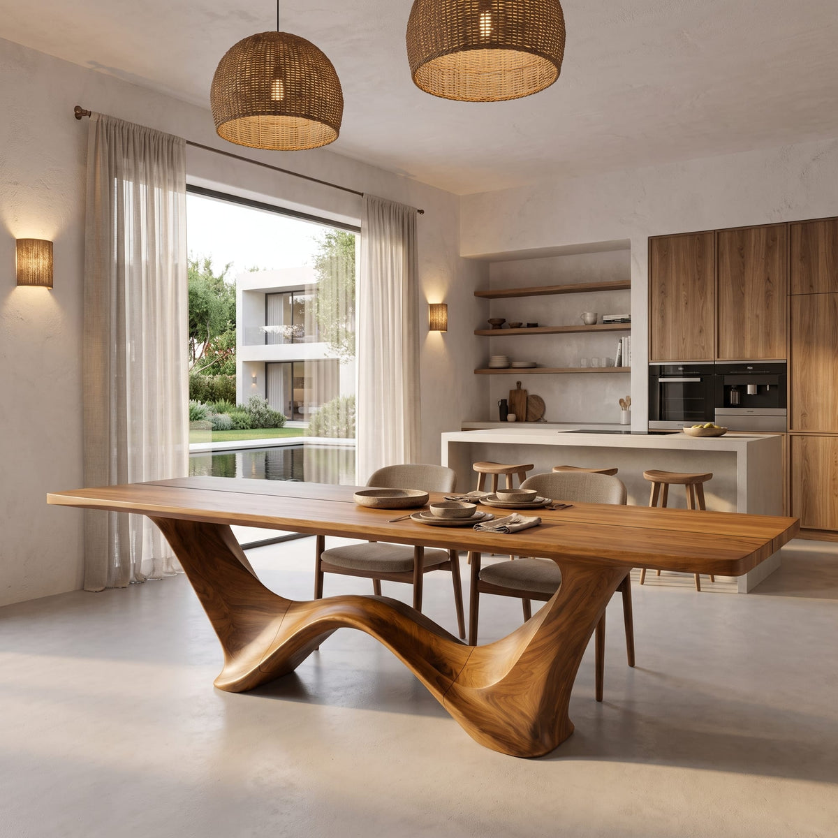 Contemporary Dining Table with Architectural Wave Design, solid wood, built to order