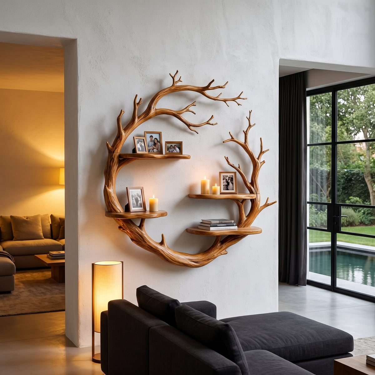Contemporary Floating Shelf with Tree Branch Display Design, solid wood, built to order