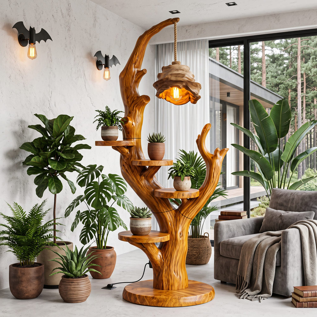 Contemporary Plant Display Stand with Floating Circular Shelves, solid wood, built to order