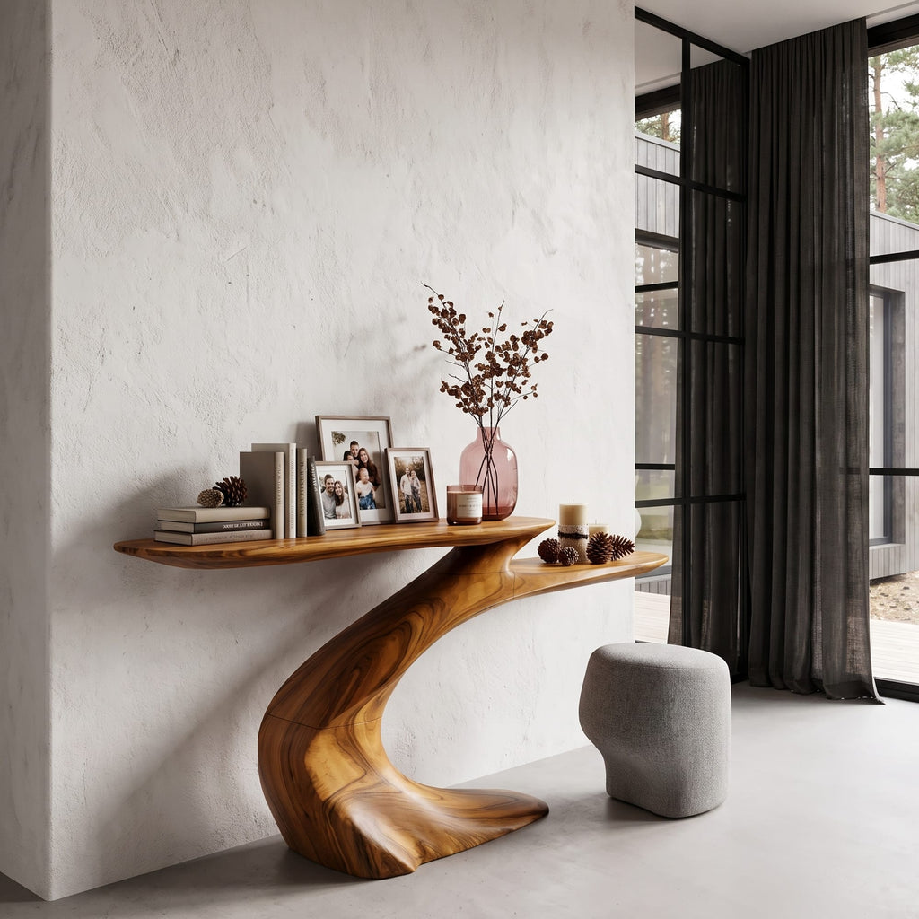 Mid Century Sculptural Console Table, solid wood, built to order