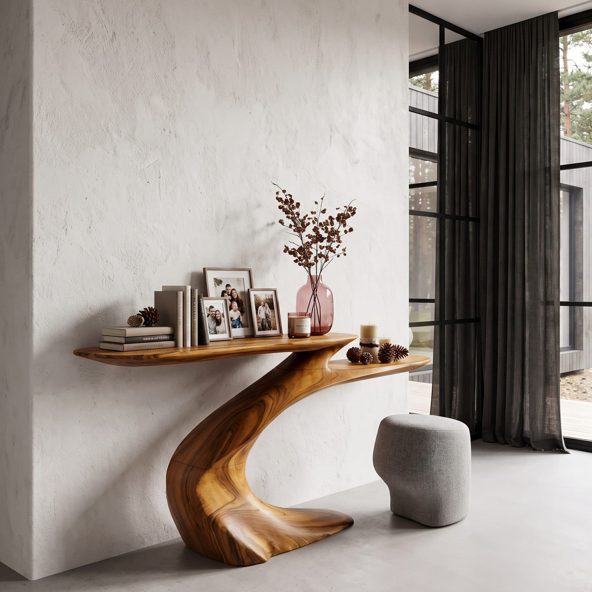 Mid Century Sculptural Console Table, solid wood, built to order