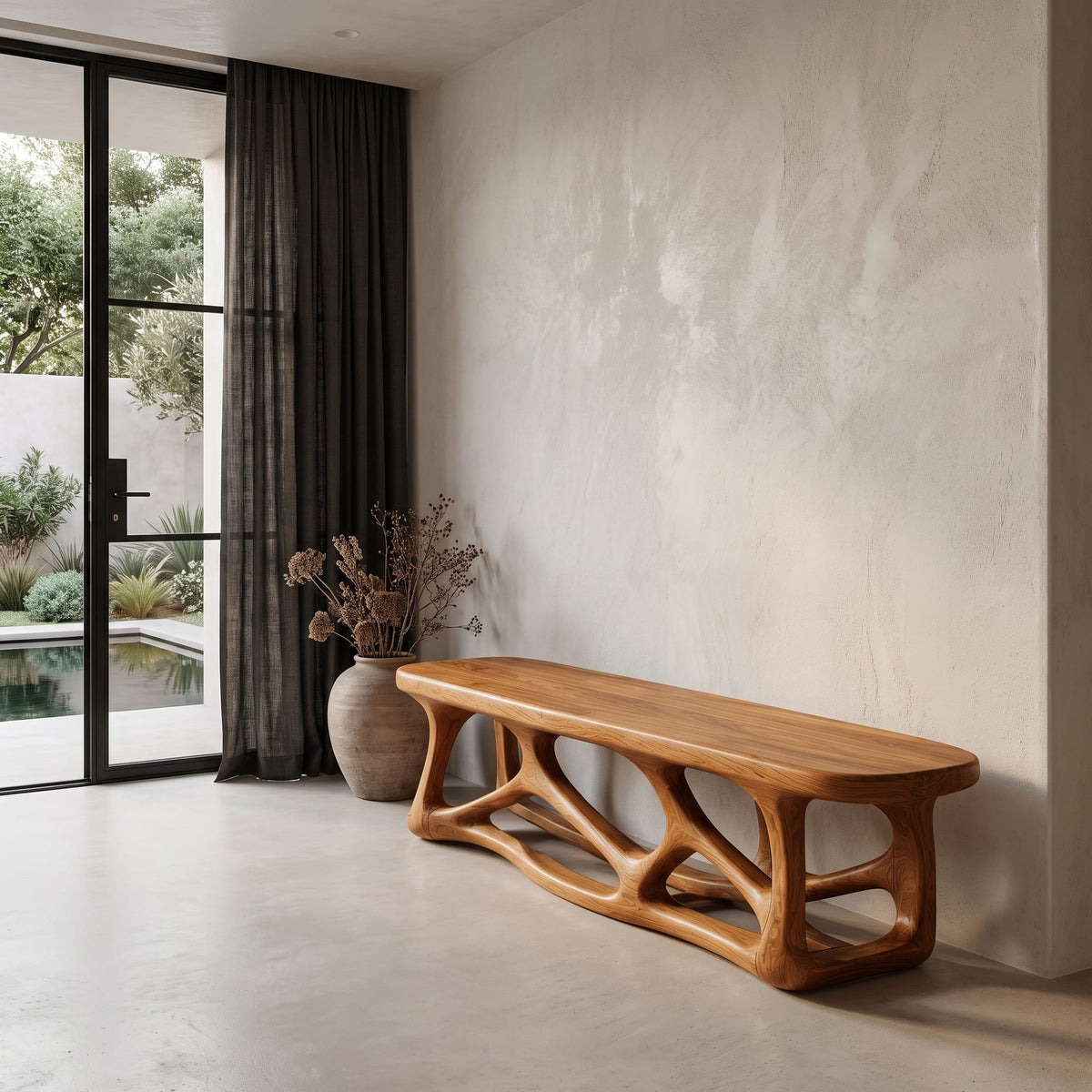 Contemporary Bench with Flowing Organic Design, solid wood, built to order