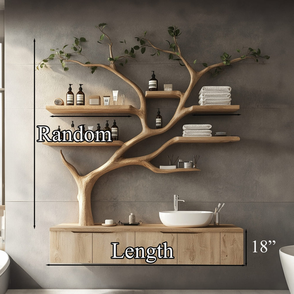 Tree Branches Rustic Bathroom Vanity with Sink Floating Shelves, solid wood, built to order