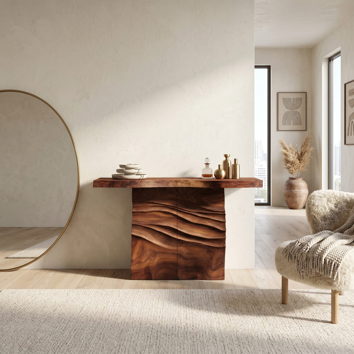 Contemporary Carved Entry Table, solid wood, built to order