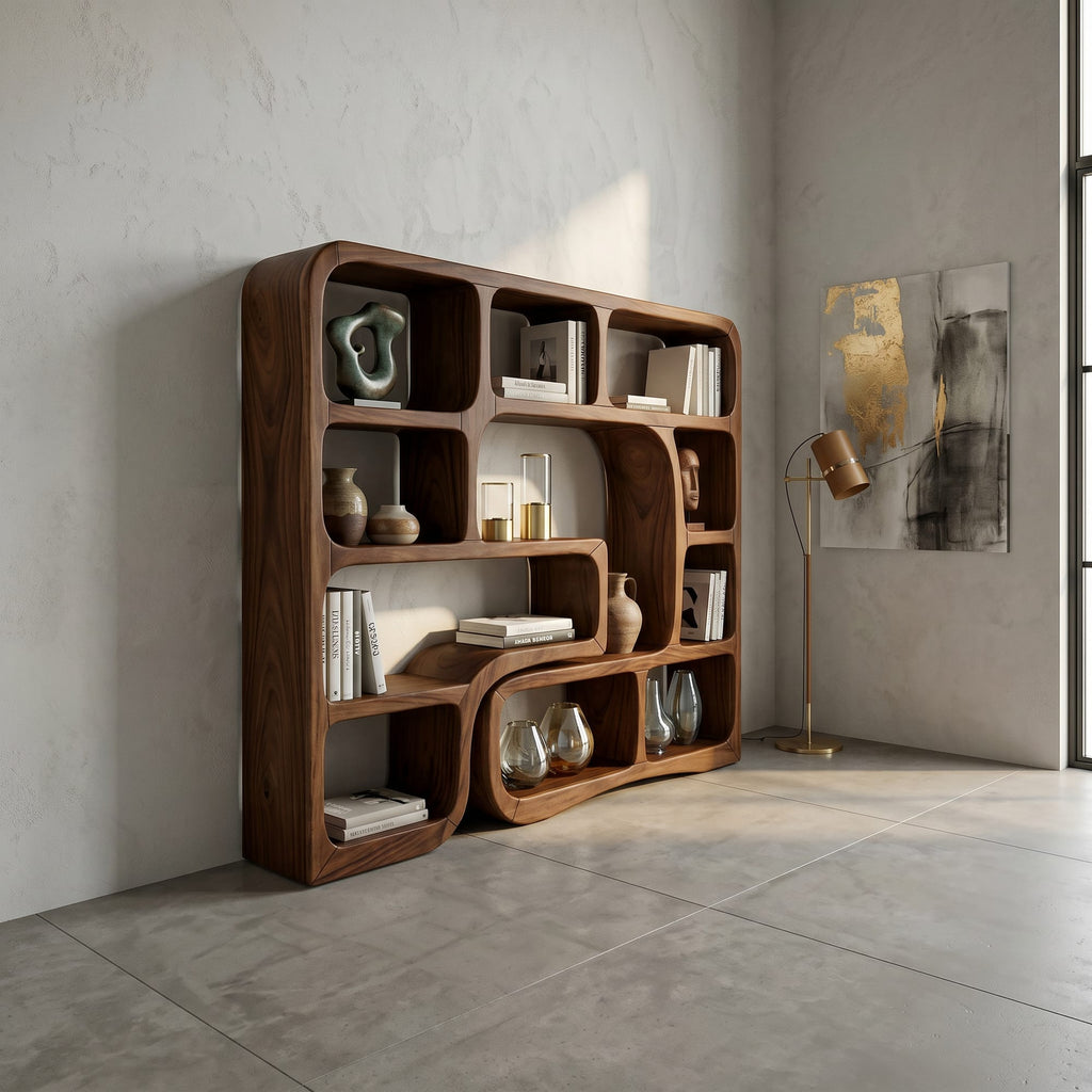 Wooden Bookcase with Organic Wave Design, solid wood, built to order